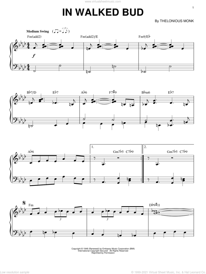 In Walked Bud sheet music for piano solo by Thelonious Monk, intermediate skill level