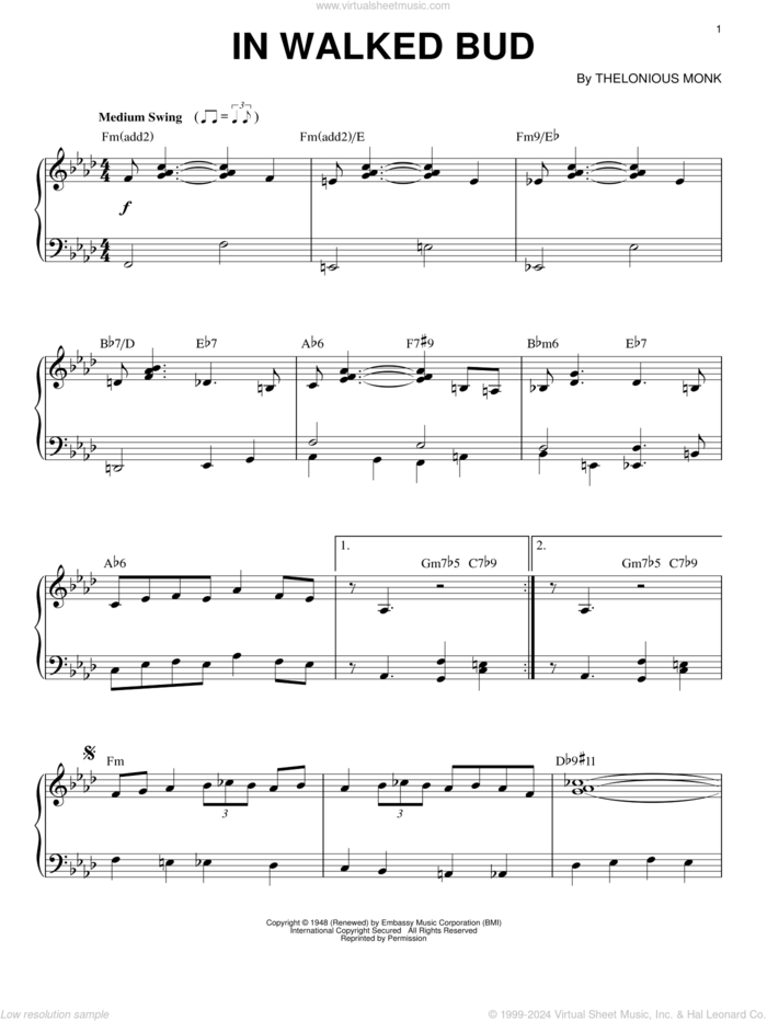 In Walked Bud, (intermediate) sheet music for piano solo by Thelonious Monk, intermediate skill level