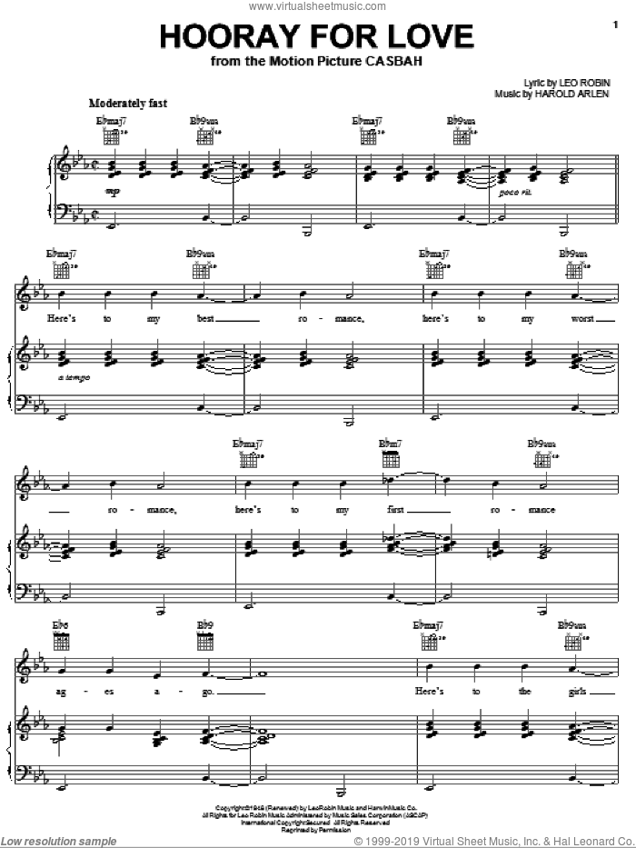 Hooray For Love sheet music for voice, piano or guitar by Harold Arlen and Leo Robin, intermediate skill level
