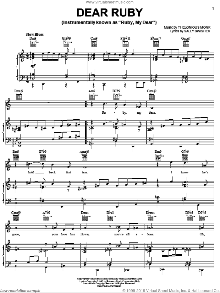 Dear Ruby sheet music for voice, piano or guitar by Sally Swisher and Thelonious Monk, intermediate skill level