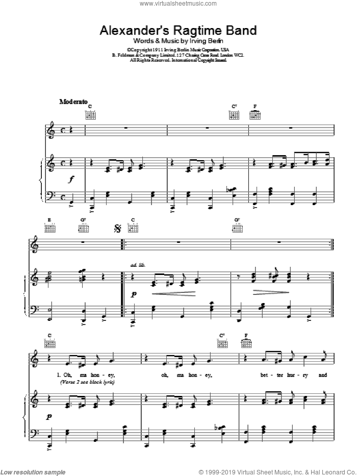 Alexander's Ragtime Band sheet music for voice, piano or guitar by Bessie Smith, Bing Crosby, Louis Armstrong and Irving Berlin, intermediate skill level