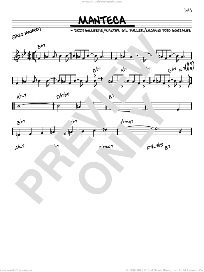 Manteca sheet music for voice and other instruments (in C) by Dizzy Gillespie, Luciano Pozo Gonzales and Walter Gil Fuller, intermediate skill level
