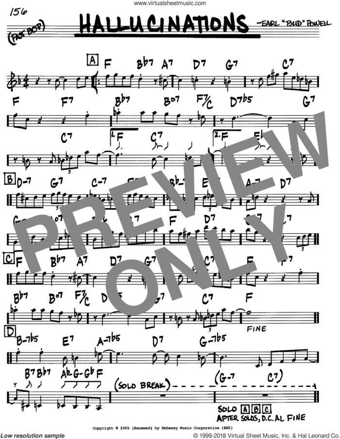Hallucinations sheet music for voice and other instruments (in C) by Bud Powell, intermediate skill level