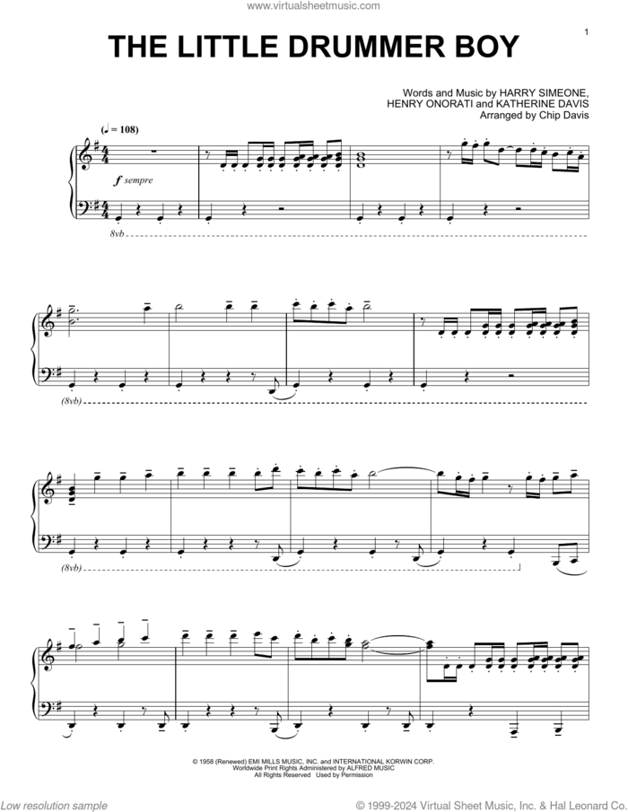 The Little Drummer Boy sheet music for piano solo by Mannheim Steamroller, Chip Davis, Harry Simeone, Henry Onorati and Katherine Davis, intermediate skill level