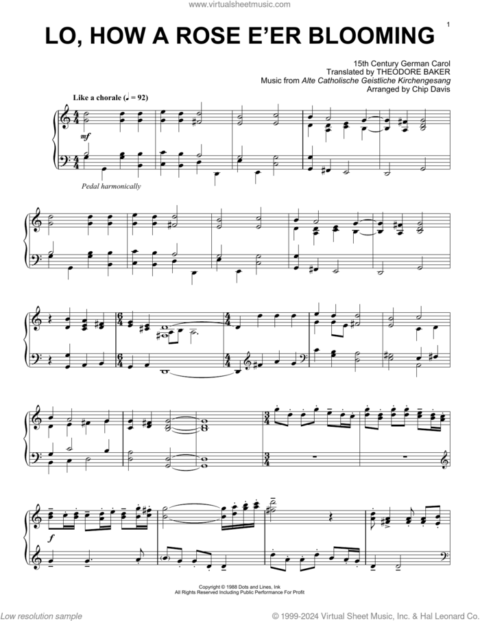 Lo, How A Rose E'er Blooming sheet music for piano solo by Mannheim Steamroller, Chip Davis, 15th Century German Carol, Alte Catholische Geistliche Ki and Theodore Baker, intermediate skill level