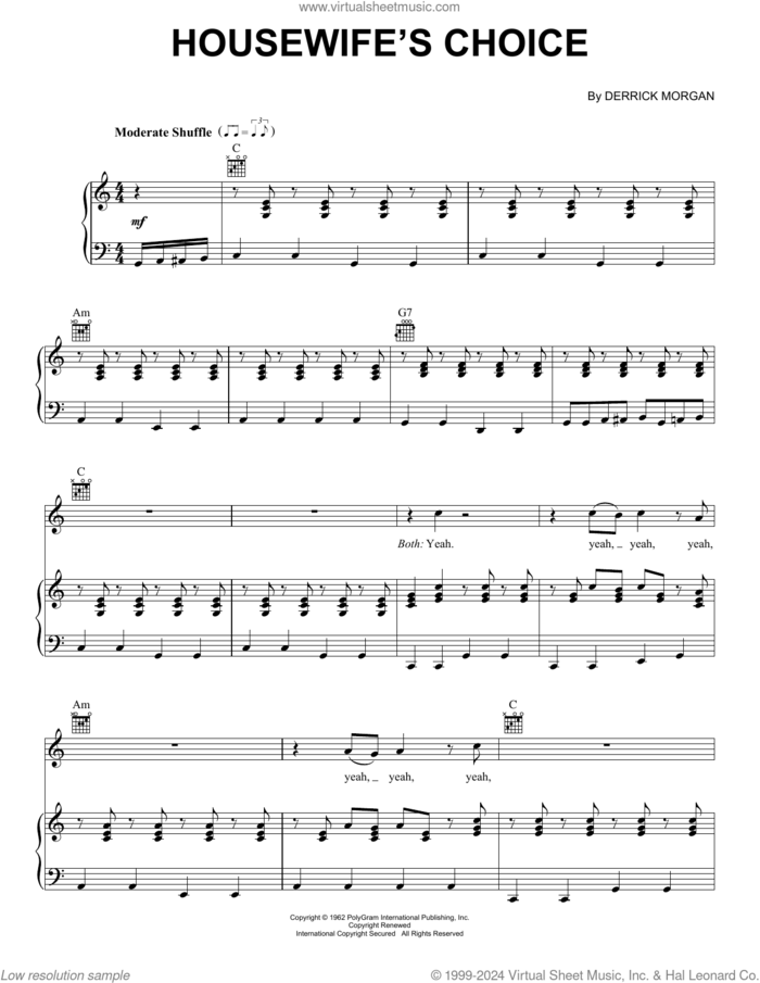 Housewife's Choice sheet music for voice, piano or guitar by Derrick Morgan, intermediate skill level