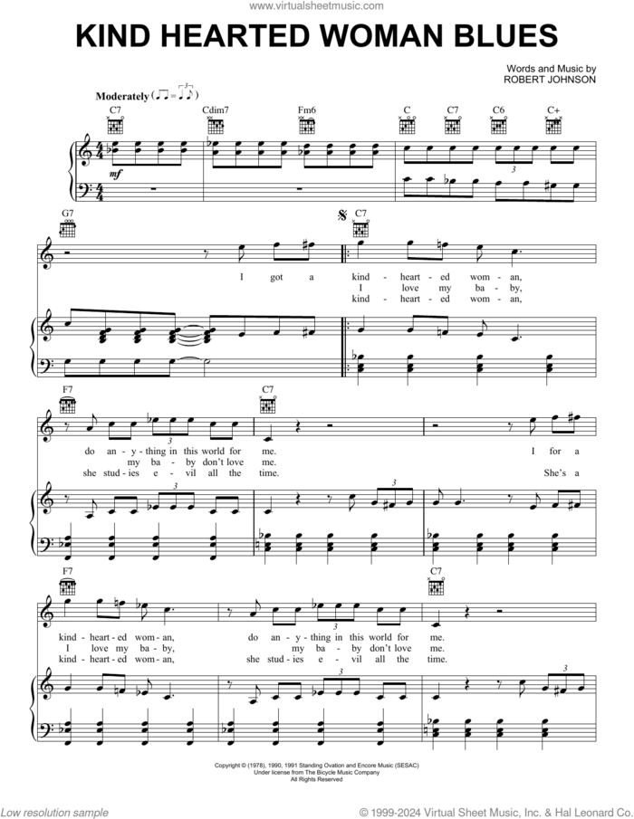 Kind Hearted Woman Blues sheet music for voice, piano or guitar by Robert Johnson and Eric Clapton, intermediate skill level