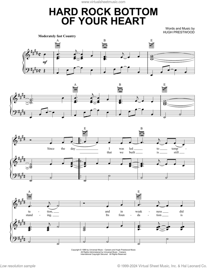 Hard Rock Bottom Of Your Heart sheet music for voice, piano or guitar by Randy Travis and Hugh Prestwood, intermediate skill level