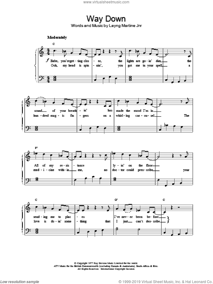 Way Down sheet music for piano solo by Elvis Presley and Layng Martine Jnr, easy skill level