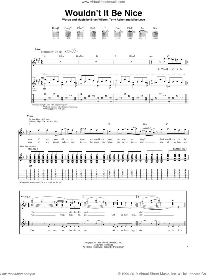 Wouldn't It Be Nice sheet music for guitar (tablature) by The Beach Boys, Brian Wilson, Mike Love and Tony Asher, intermediate skill level