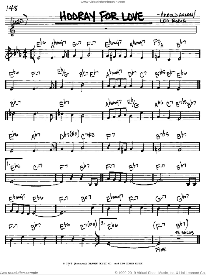Hooray For Love sheet music for voice and other instruments (in C) by Harold Arlen and Leo Robin, intermediate skill level