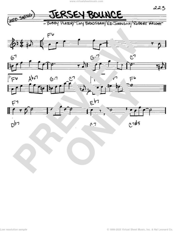 Jersey Bounce sheet music for voice and other instruments (in C) by Benny Goodman, Bobby Platter, Ed Johnson, Robert Wright and Tiny Bradshaw, intermediate skill level