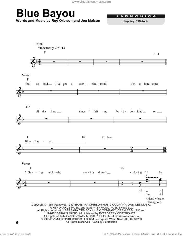 Blue Bayou sheet music for harmonica solo by Linda Ronstadt, Joe Melson and Roy Orbison, intermediate skill level