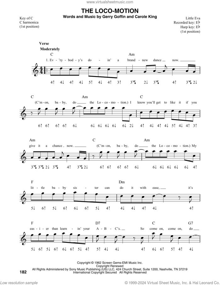 The Loco-Motion sheet music for harmonica solo by Little Eva, Carole King and Gerry Goffin, intermediate skill level