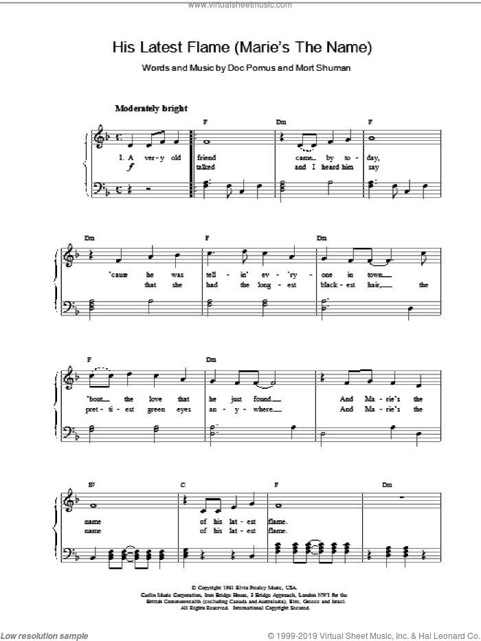 His Latest Flame sheet music for piano solo by Elvis Presley, Doc Pomus, Jerome Pomus and Mort Shuman, easy skill level