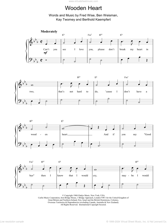 Wooden Heart sheet music for piano solo by Elvis Presley and Miscellaneous, easy skill level