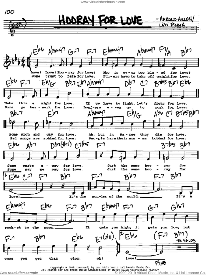 Hooray For Love sheet music for voice and other instruments  by Harold Arlen and Leo Robin, intermediate skill level