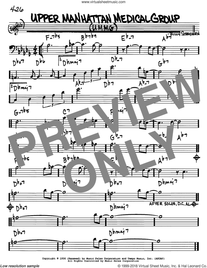 Upper Manhattan Medical Group (UMMG) sheet music for voice and other instruments (bass clef) by Billy Strayhorn, intermediate skill level