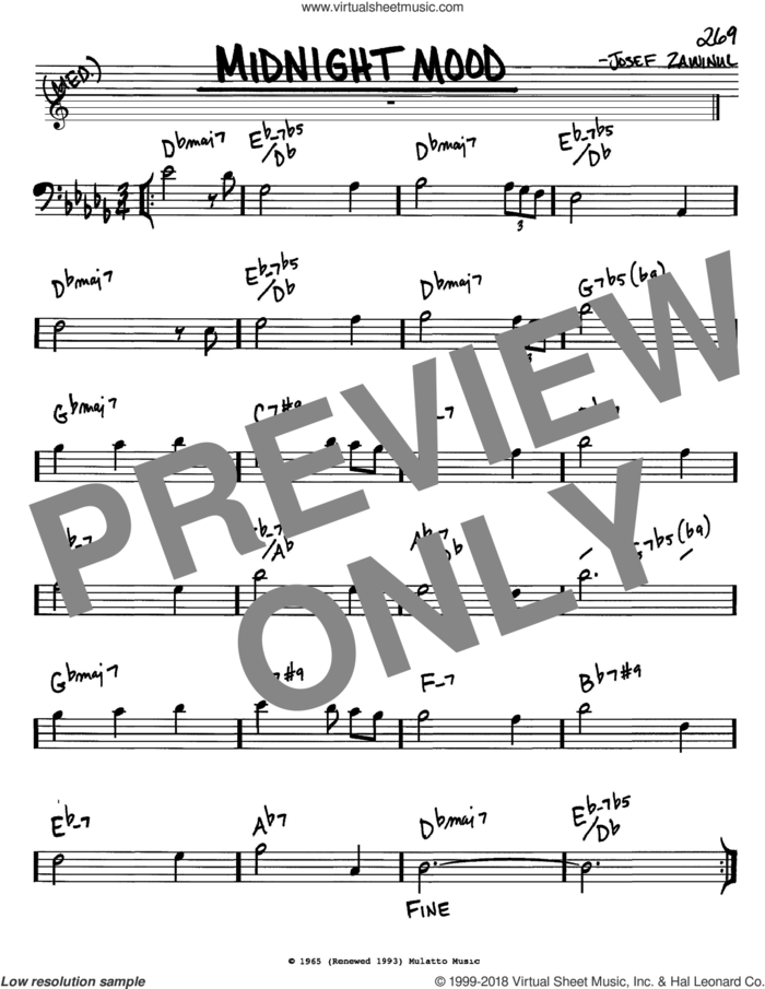 Midnight Mood sheet music for voice and other instruments (bass clef) by Josef Zawinul, Bill Evans and Ben Raleigh, intermediate skill level