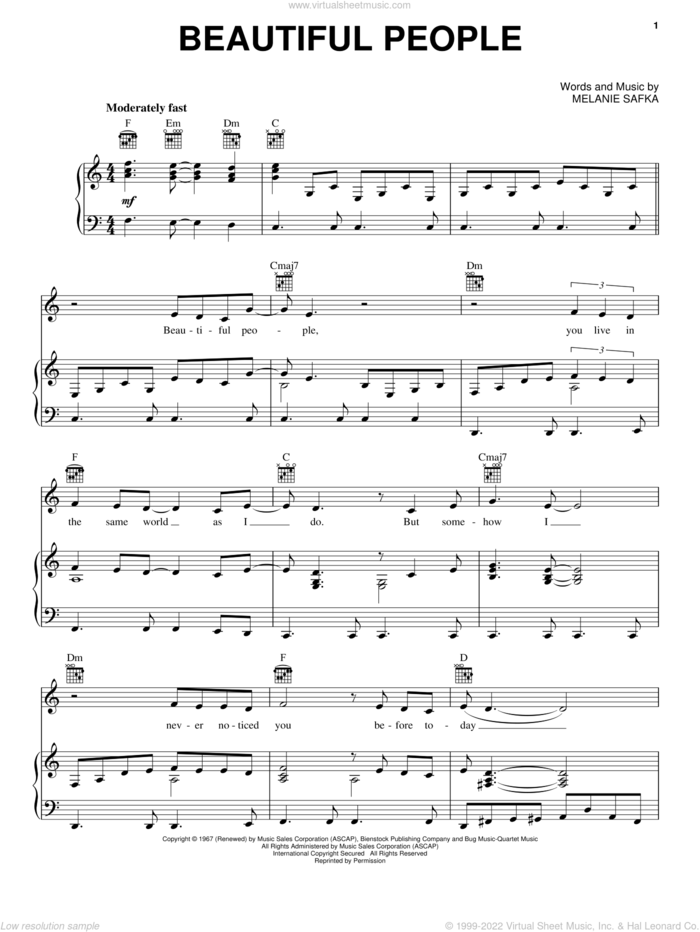 Beautiful People sheet music for voice, piano or guitar by Melanie Safka, intermediate skill level