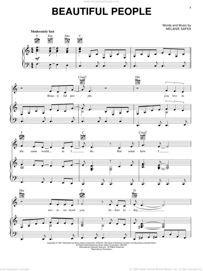 Beautiful People sheet music for voice, piano or guitar by Melanie Safka, intermediate skill level