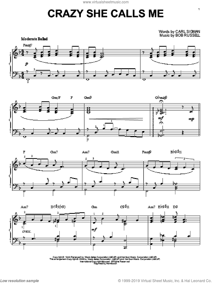 Crazy She Calls Me [Jazz version] (arr. Brent Edstrom) sheet music for piano solo by Bob Russell and Carl Sigman, intermediate skill level