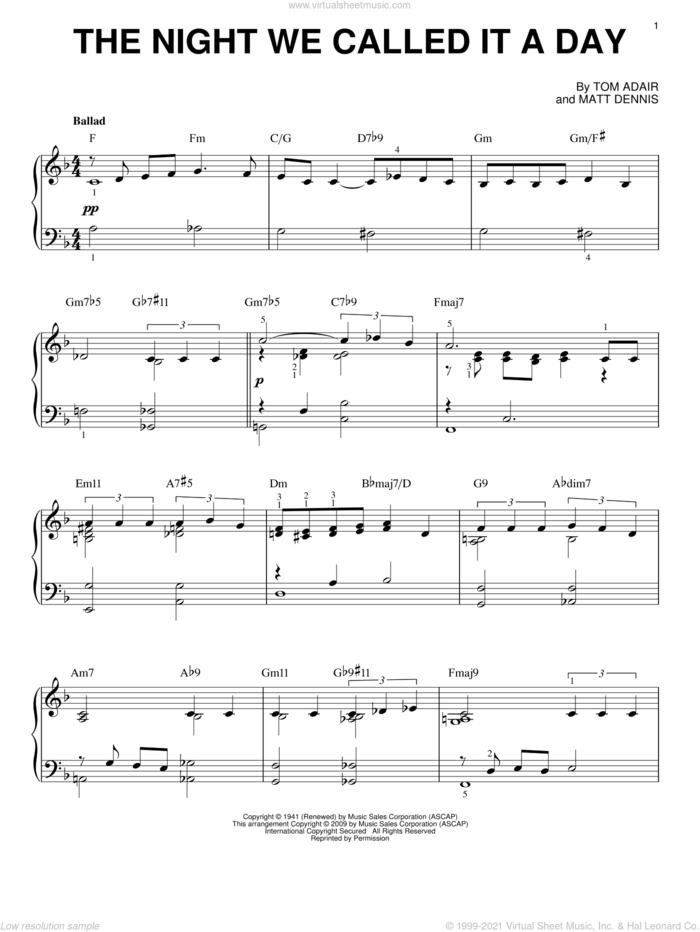 The Night We Called It A Day [Jazz version] (arr. Brent Edstrom) sheet music for piano solo by Frank Sinatra, Matt Dennis and Tom Adair, intermediate skill level