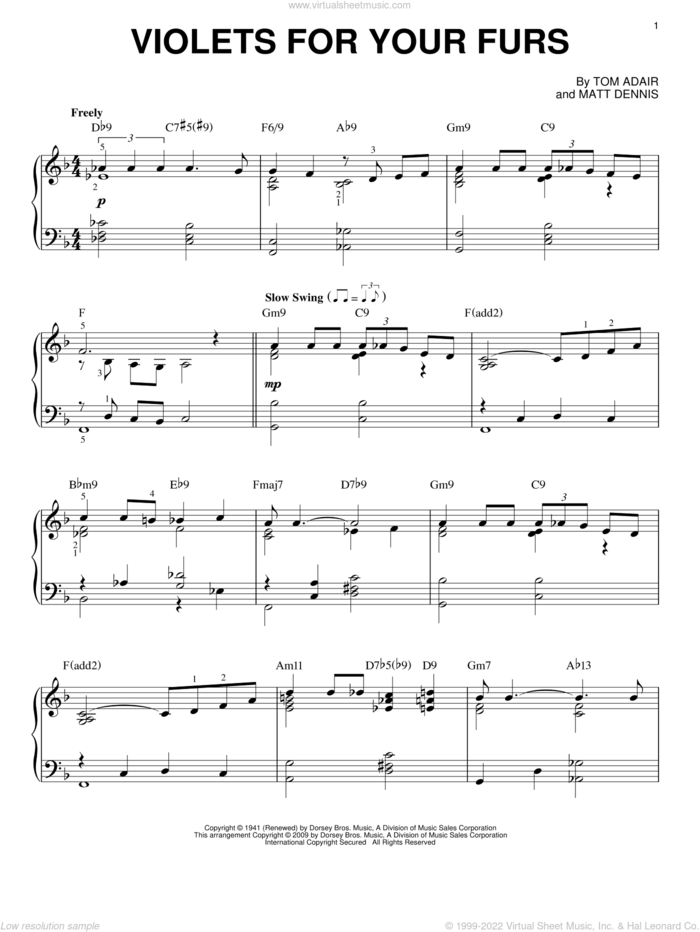 Violets For Your Furs [Jazz version] (arr. Brent Edstrom) sheet music for piano solo by Frank Sinatra, Matt Dennis and Tom Adair, intermediate skill level