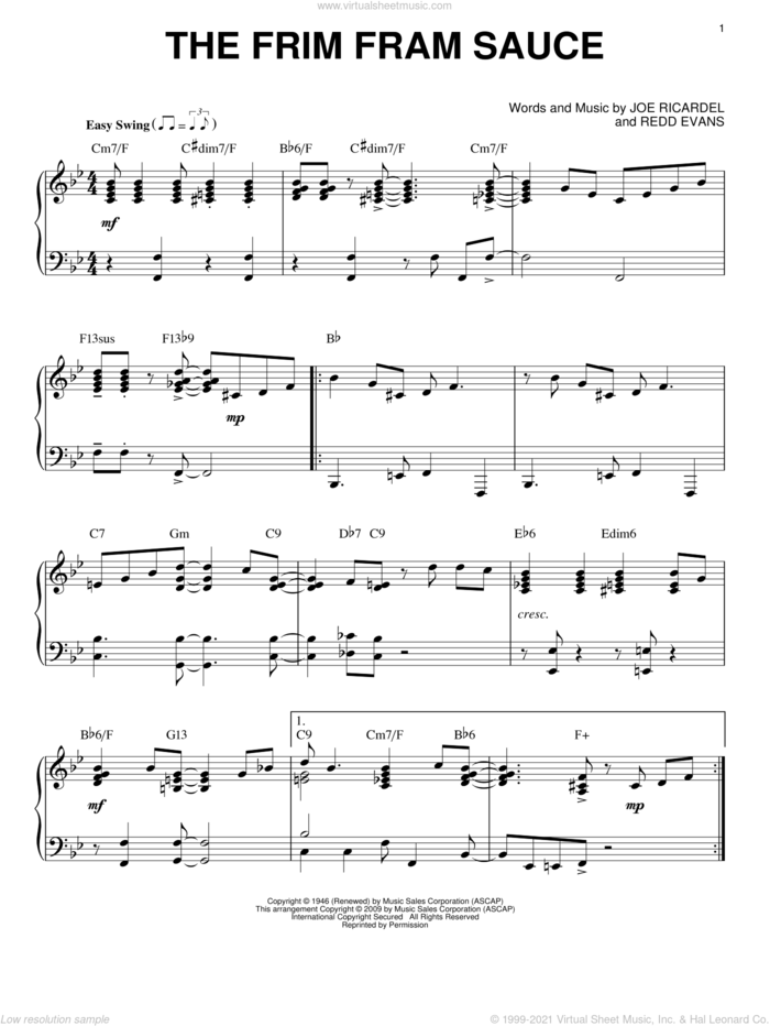 The Frim Fram Sauce (arr. Brent Edstrom) sheet music for piano solo by Nat King Cole, Joe Ricardel and Redd Evans, intermediate skill level