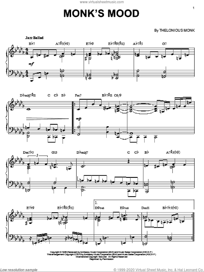 Monk's Mood (arr. Brent Edstrom) sheet music for piano solo by Thelonious Monk, intermediate skill level