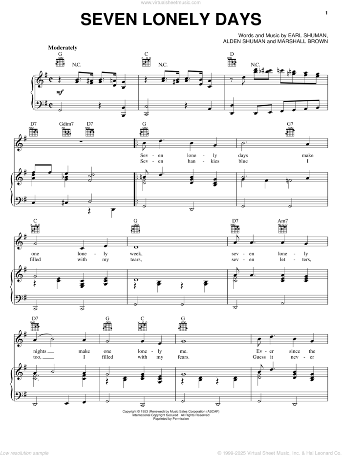 Seven Lonely Days sheet music for voice, piano or guitar by Patsy Cline, Alden Schuman, Earl Schuman and Marshall Brown, intermediate skill level