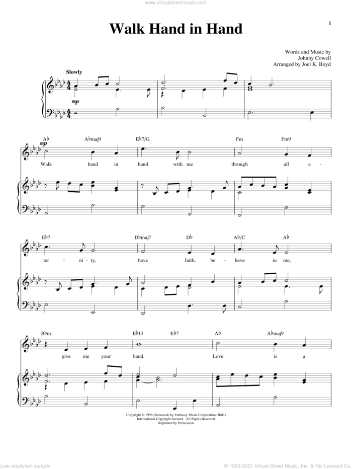 Walk Hand In Hand sheet music for voice and piano by Johnny Cowell and Richard Walters, wedding score, intermediate skill level