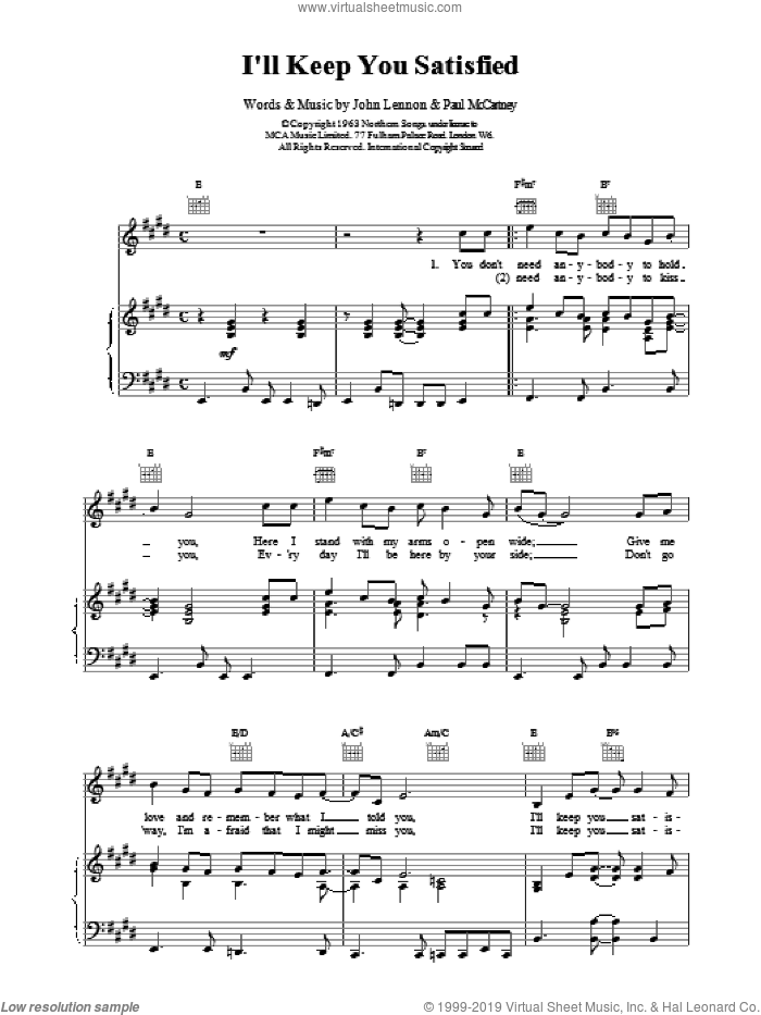 I'll Keep You Satisfied sheet music for voice, piano or guitar by The Beatles, Billy J. Kramer, John Lennon, LENNON and Paul McCartney, intermediate skill level