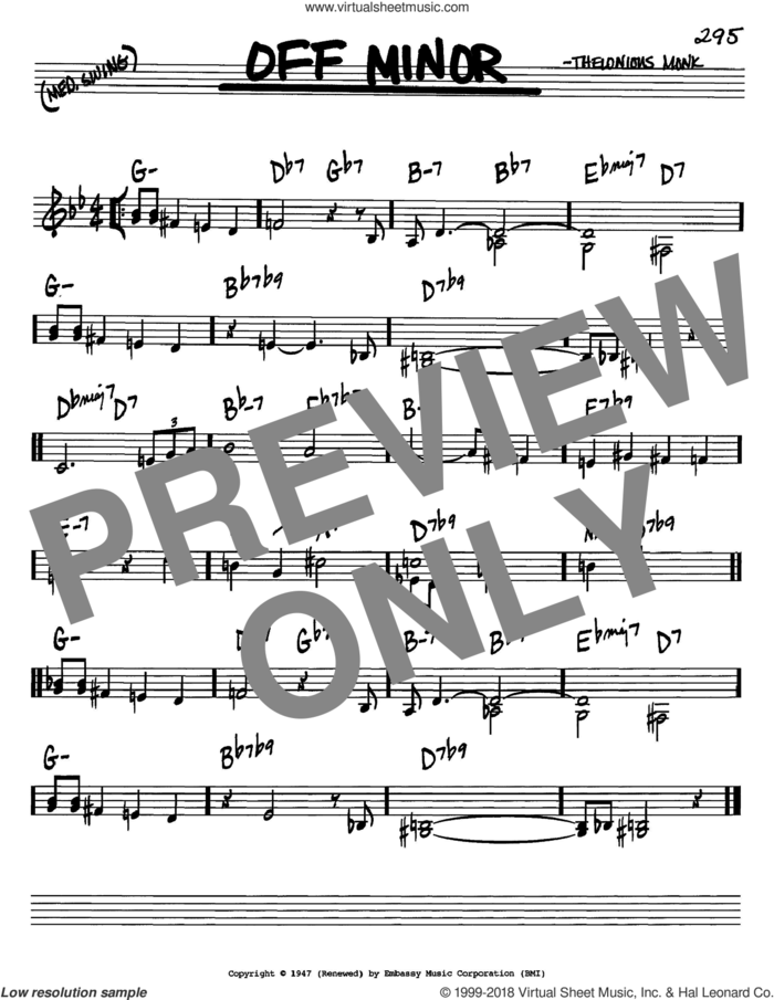 Off Minor sheet music for voice and other instruments (in C) by Thelonious Monk, intermediate skill level