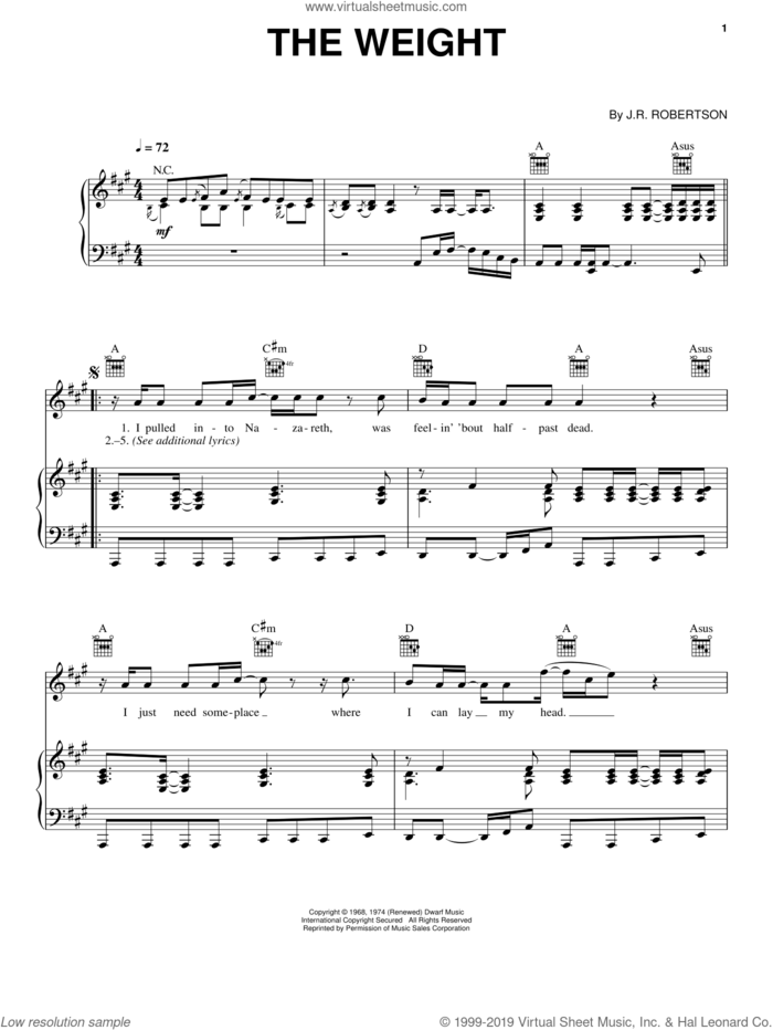 The Weight sheet music for voice, piano or guitar by The Band and Robbie Robertson, intermediate skill level
