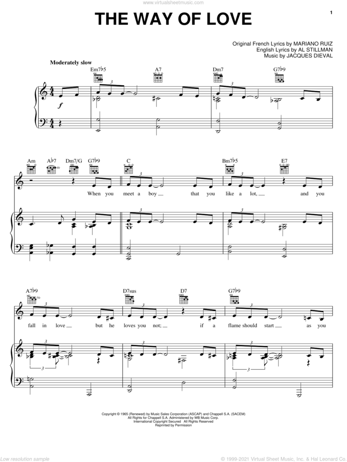 The Way Of Love sheet music for voice, piano or guitar by Cher, Kathy Kirby, Al Stillman, Jacques Dieval and Mariano Ruiz, intermediate skill level