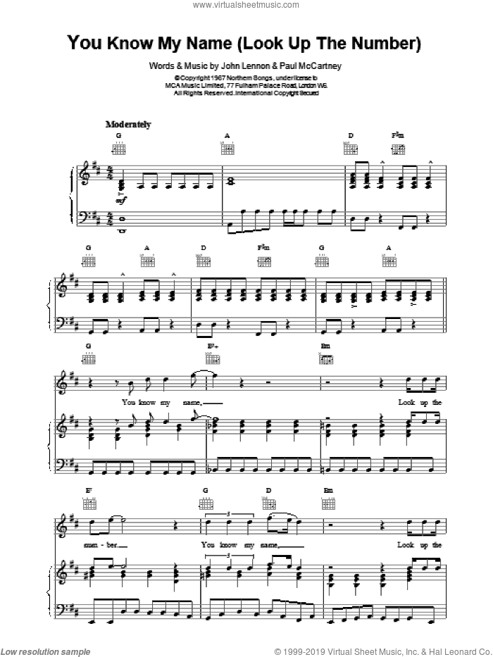 You Know My Name (Look Up The Number) sheet music for voice, piano or guitar by The Beatles and Paul McCartney, intermediate skill level