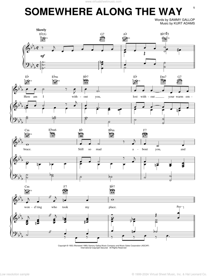 Somewhere Along The Way sheet music for voice, piano or guitar by Frank Sinatra, Kurt Adams and Sammy Gallop, intermediate skill level