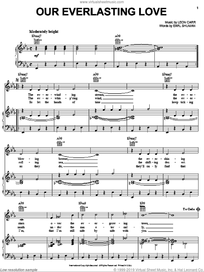 Our Everlasting Love sheet music for voice, piano or guitar by Ruby & The Romantics, Earl Shuman and Leon Carr, intermediate skill level