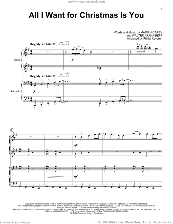 All I Want For Christmas Is You (arr. Phillip Keveren) sheet music for piano four hands by Mariah Carey, Phillip Keveren and Walter Afanasieff, intermediate skill level