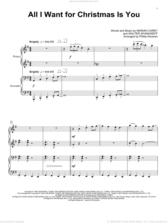 All I Want For Christmas Is You (arr. Phillip Keveren) sheet music for piano four hands by Mariah Carey, Phillip Keveren and Walter Afanasieff, intermediate skill level