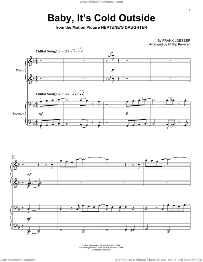 Baby, It's Cold Outside (arr. Phillip Keveren) sheet music for piano four hands by Frank Loesser and Phillip Keveren, intermediate skill level