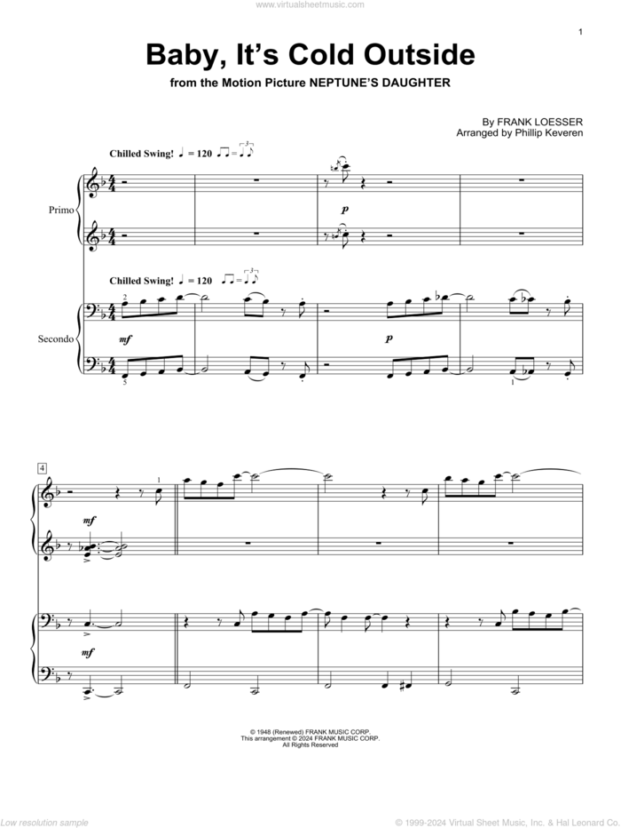 Baby, It's Cold Outside (arr. Phillip Keveren) sheet music for piano four hands by Frank Loesser and Phillip Keveren, intermediate skill level