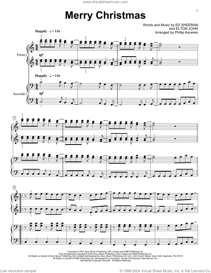 Merry Christmas (arr. Phillip Keveren) sheet music for piano four hands by Ed Sheeran & Elton John, Phillip Keveren, Ed Sheeran and Elton John, intermediate skill level