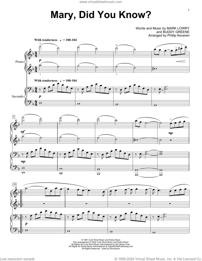 Mary, Did You Know? (arr. Phillip Keveren) sheet music for piano four hands by Buddy Greene, Phillip Keveren, Kathy Mattea and Mark Lowry, intermediate skill level