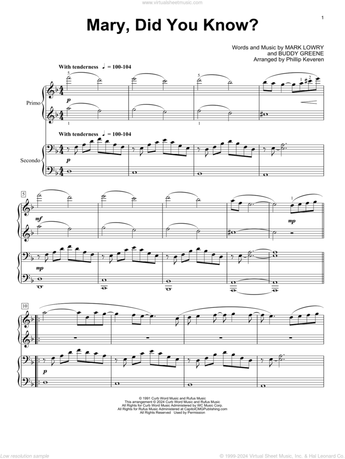 Mary, Did You Know? (arr. Phillip Keveren) sheet music for piano four hands by Buddy Greene, Phillip Keveren, Kathy Mattea and Mark Lowry, intermediate skill level