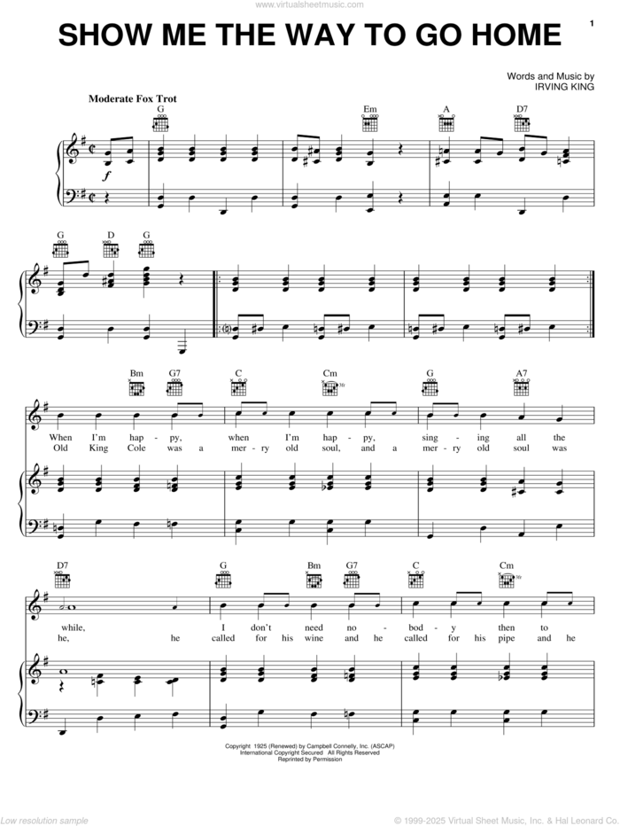 Show Me The Way To Go Home sheet music for voice, piano or guitar by Irving King, intermediate skill level