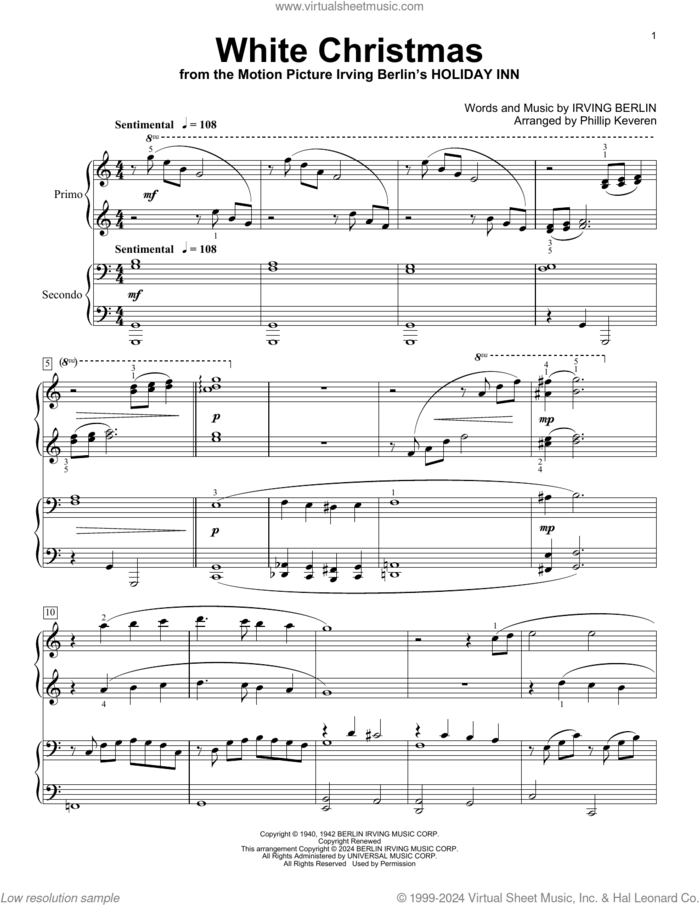 White Christmas (arr. Phillip Keveren) sheet music for piano four hands by Irving Berlin, Phillip Keveren and Bing Crosby, intermediate skill level