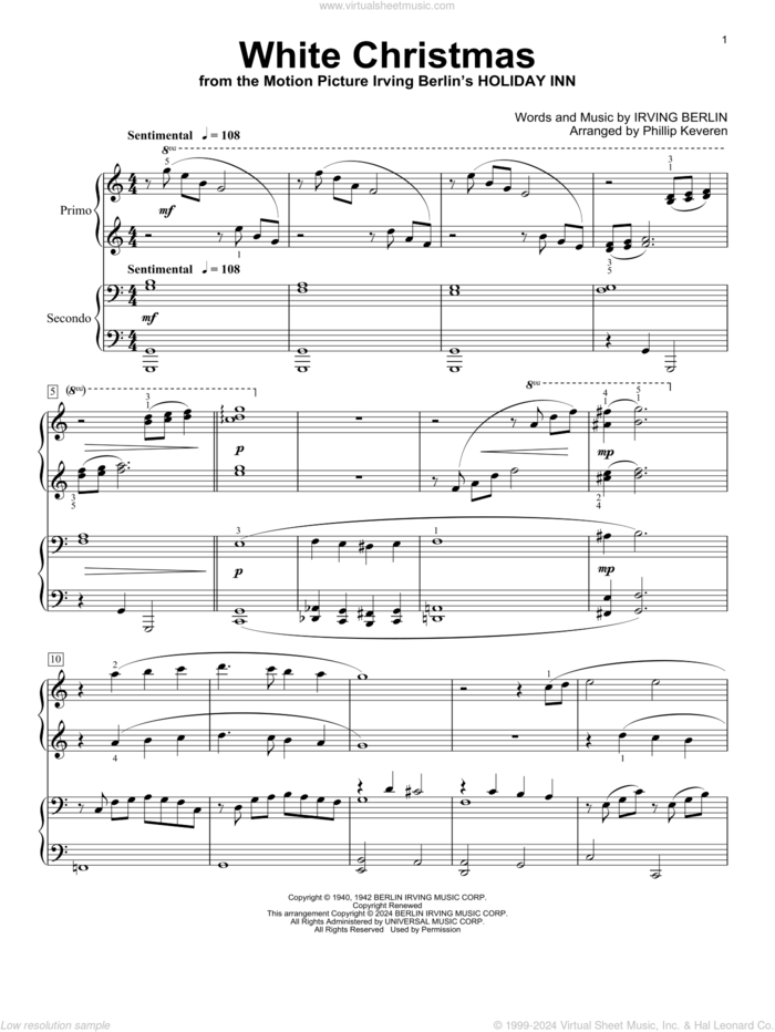 White Christmas (arr. Phillip Keveren) sheet music for piano four hands by Irving Berlin, Phillip Keveren and Bing Crosby, intermediate skill level