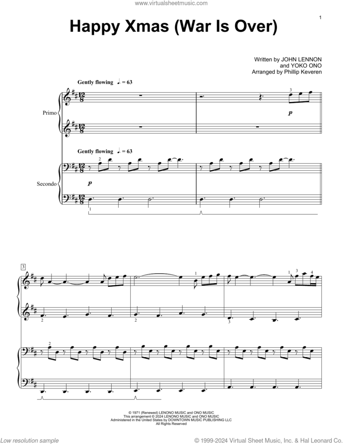 Happy Xmas (War Is Over) (arr. Phillip Keveren) sheet music for piano four hands by John Lennon, Phillip Keveren and Yoko Ono, intermediate skill level